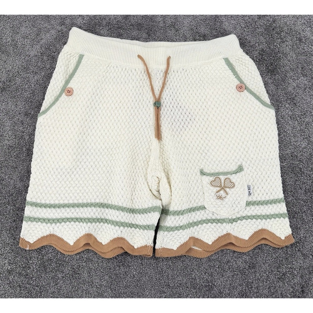 NWT The Hideout Clothing Racket Club Crochet Shorts Cream Sage Green XL